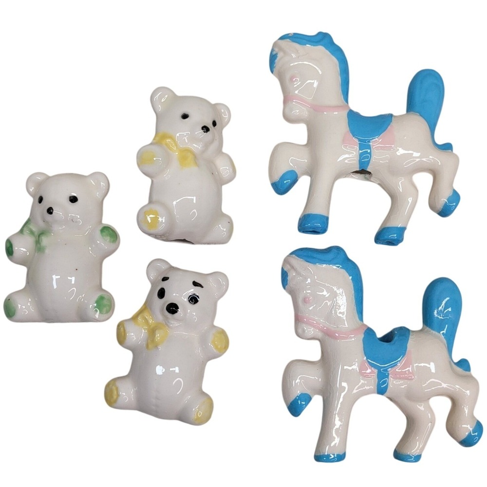Lot of Ceramic Teddy Bear Carousel Horse Pony Nursery Decor Animal Figurines Vtg